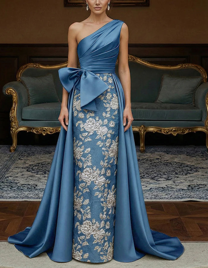 Bean Green Off Shoulder Satin Jacquard Train Maxi Dress