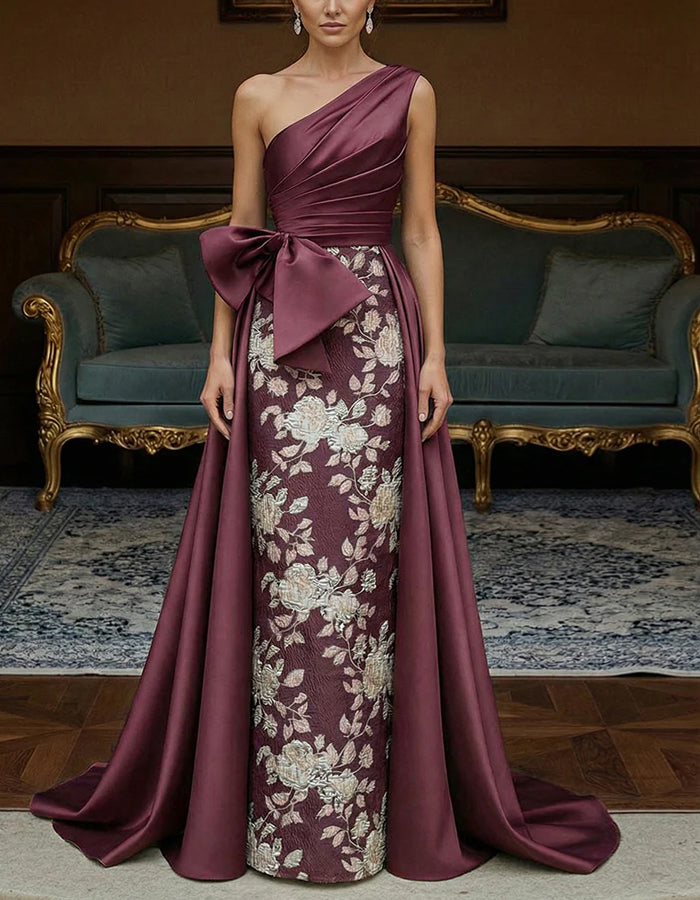 Bean Green Off Shoulder Satin Jacquard Train Maxi Dress