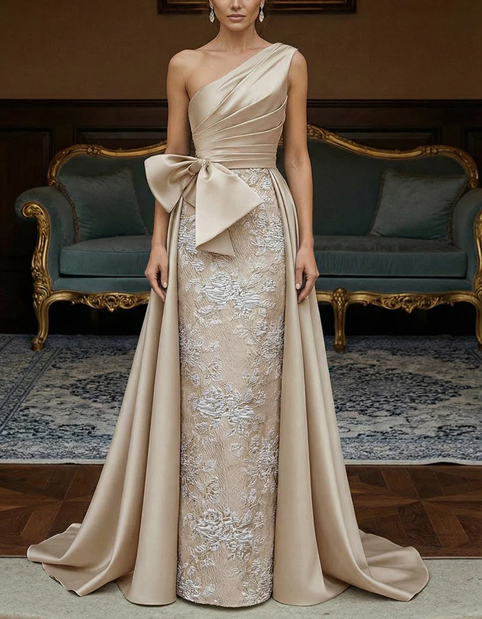 Bean Green Off Shoulder Satin Jacquard Train Maxi Dress