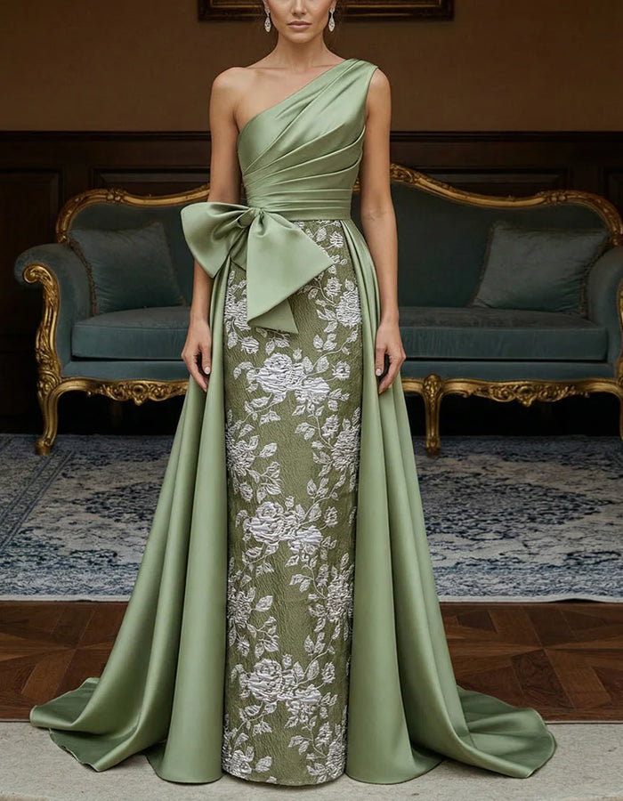 Bean Green Off Shoulder Satin Jacquard Train Maxi Dress