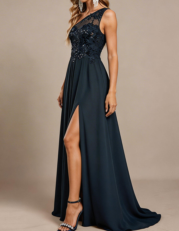 Navy Blue One-Shoulder Lace & Sequin Chiffon A-Line Maxi Dress