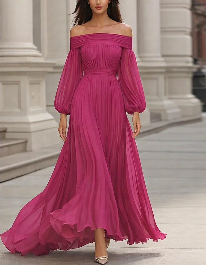 Robe longue plissée en mousseline de soie vert avocat à manches lanternes et épaules dénudées