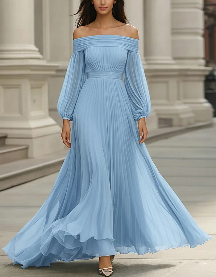 Avocado Green Off Shoulder Lantern Sleeve Pleated Chiffon Maxi Dress