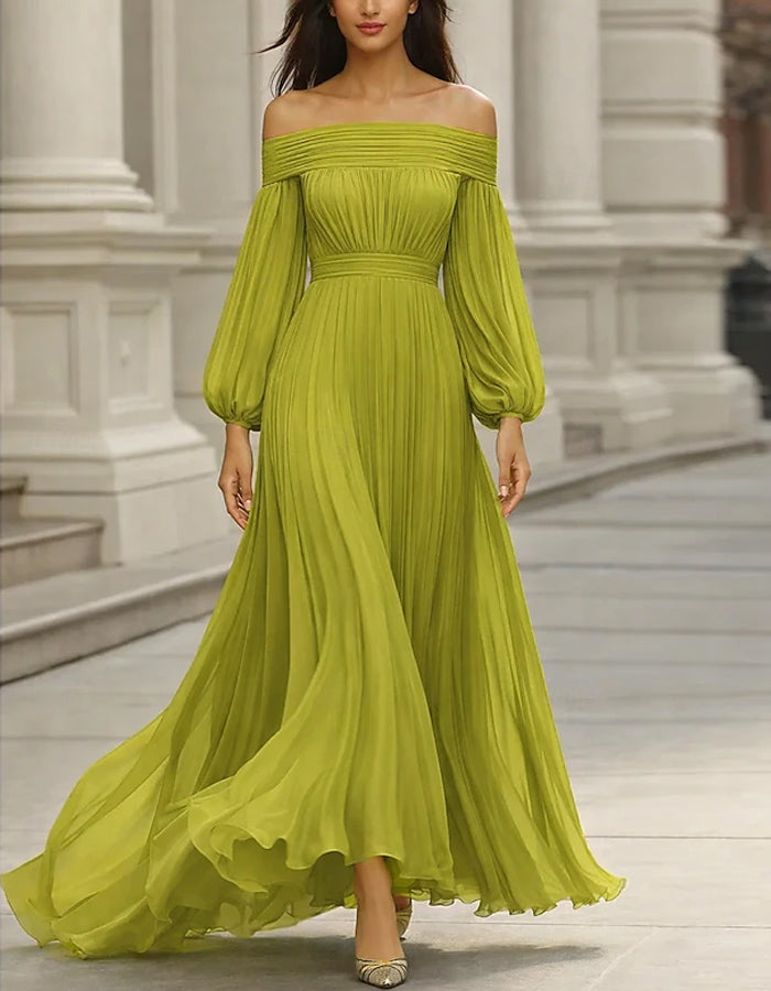 Avocado Green Off Shoulder Lantern Sleeve Pleated Chiffon Maxi Dress