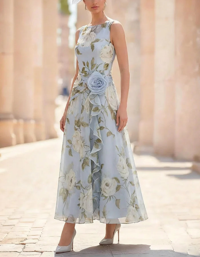 Printed Sleeveless Chiffon Ruffles Maxi Dress