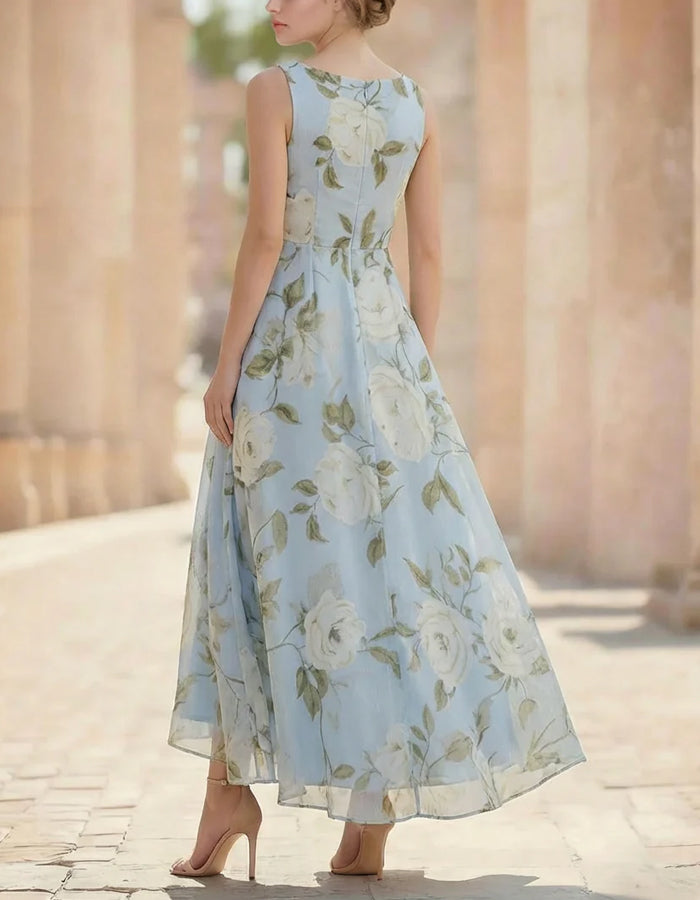 Printed Sleeveless Chiffon Ruffles Maxi Dress