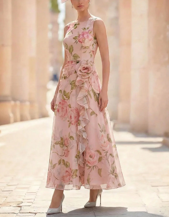 Printed Sleeveless Chiffon Ruffles Maxi Dress