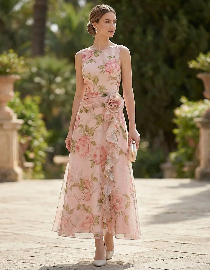 Printed Sleeveless Chiffon Ruffles Maxi Dress