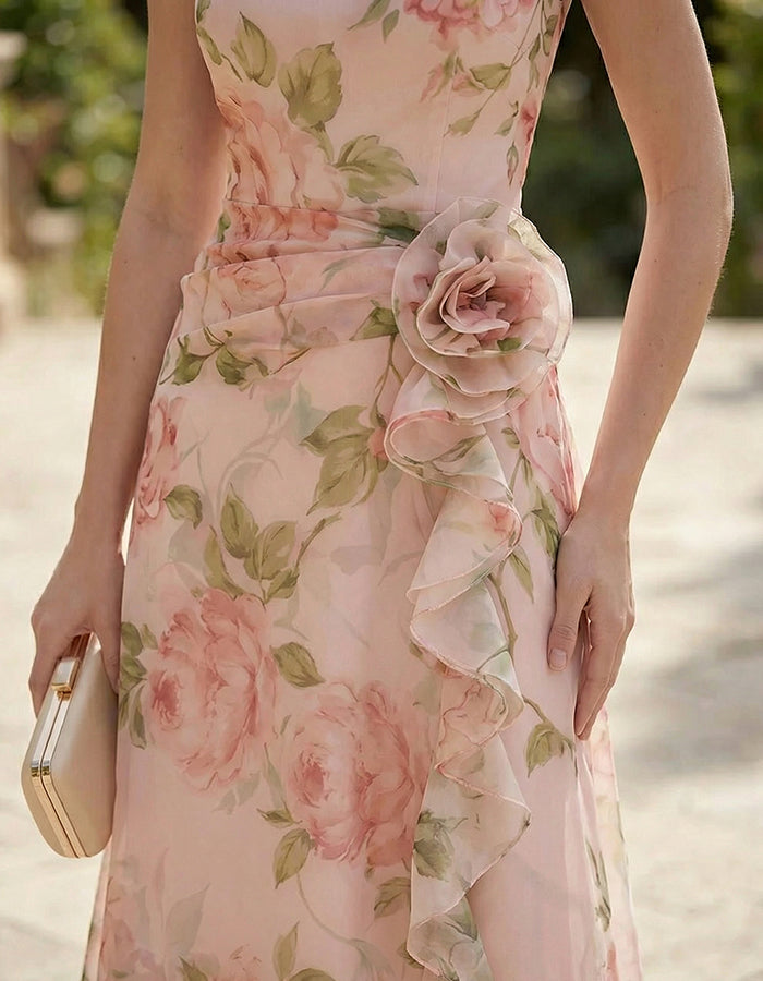 Printed Sleeveless Chiffon Ruffles Maxi Dress