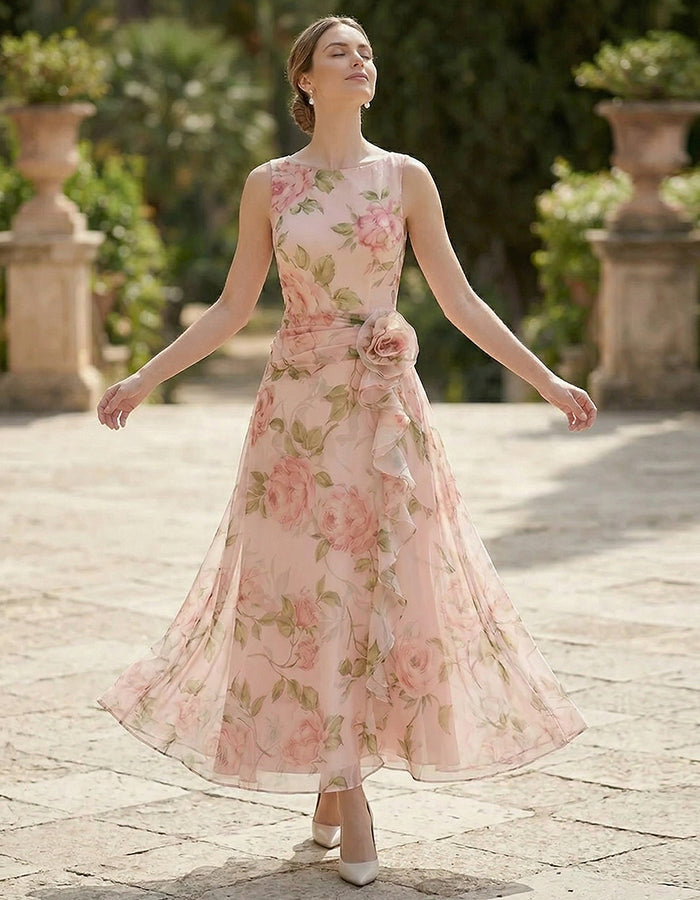 Printed Sleeveless Chiffon Ruffles Maxi Dress