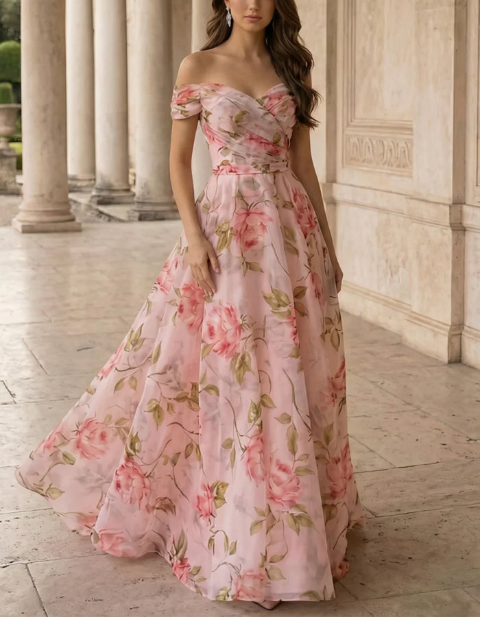Floral Print Off Shoulder Chiffon Maxi Dress