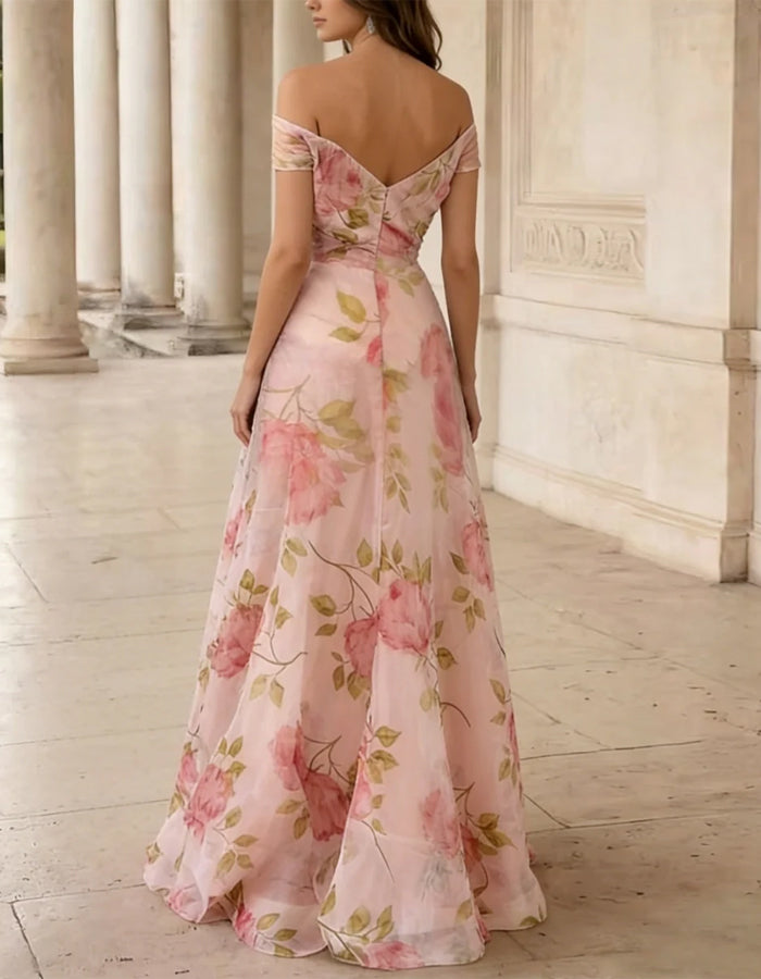 Floral Print Off Shoulder Chiffon Maxi Dress