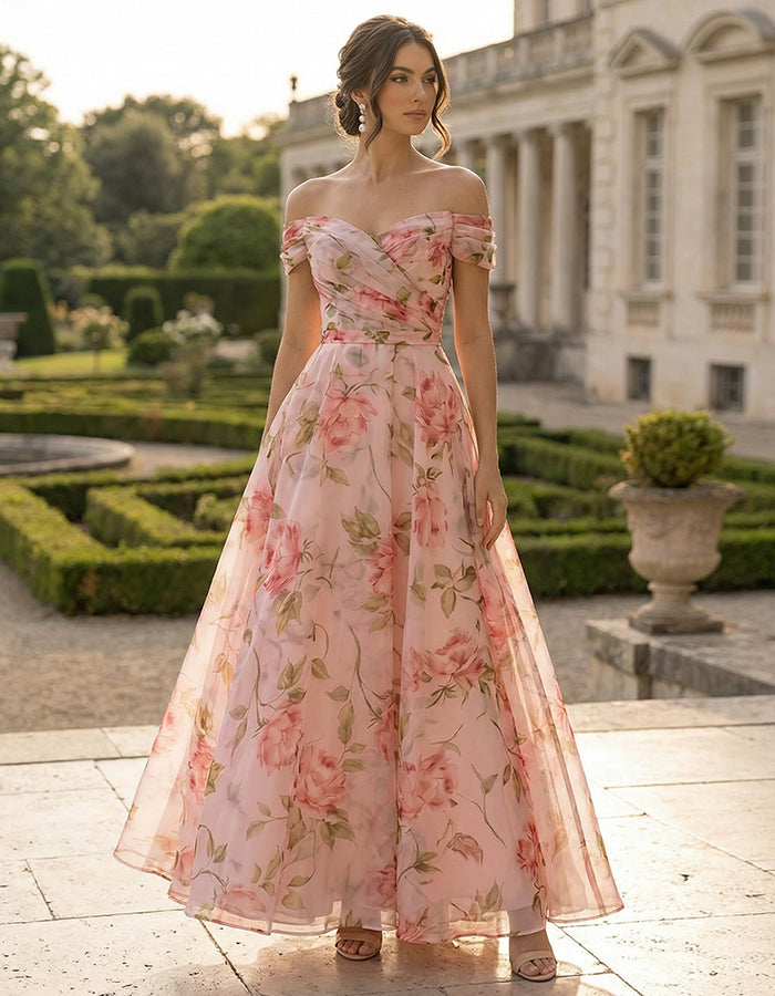 Floral Print Off Shoulder Chiffon Maxi Dress