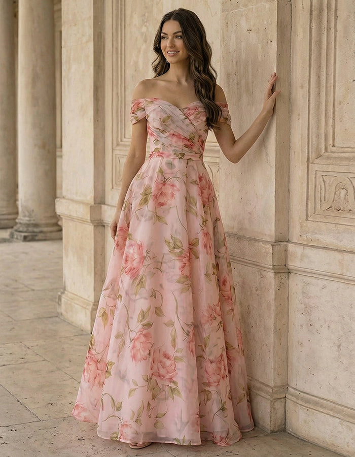 Floral Print Off Shoulder Chiffon Maxi Dress