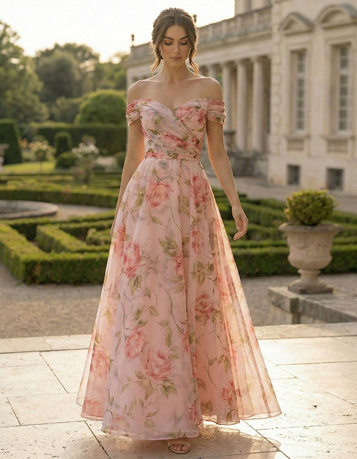 Floral Print Off Shoulder Chiffon Maxi Dress