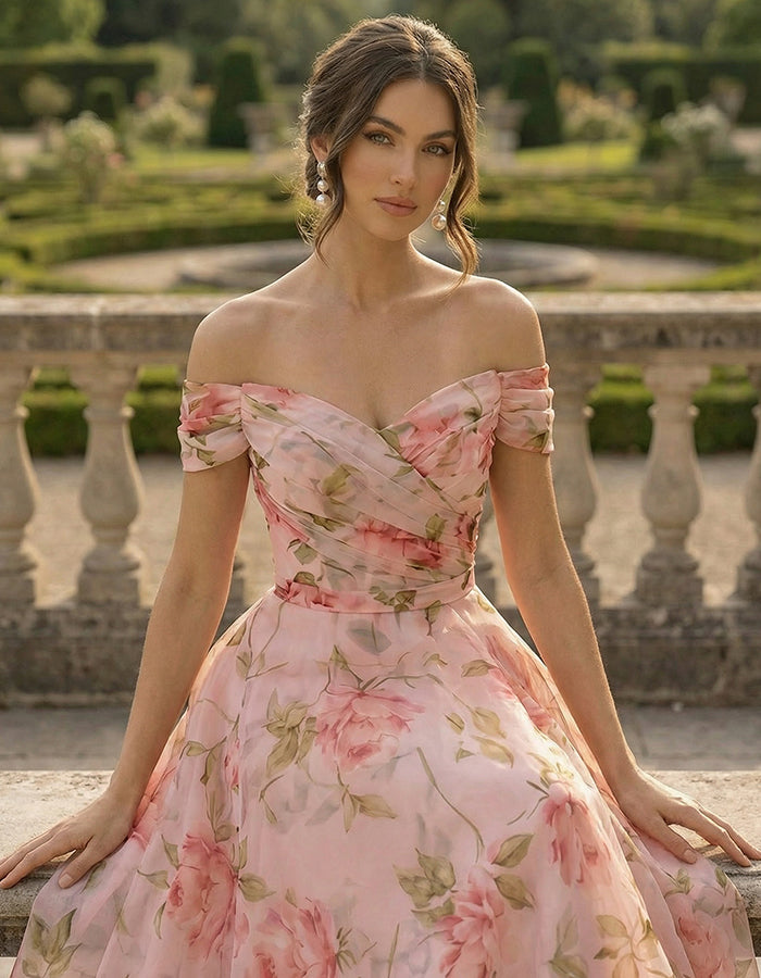 Floral Print Off Shoulder Chiffon Maxi Dress