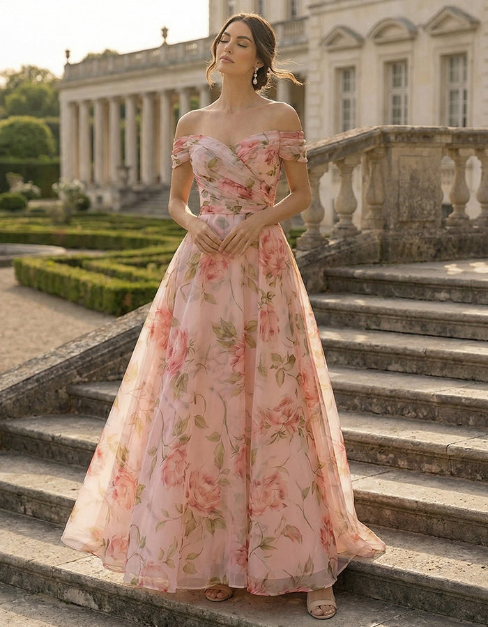 Floral Print Off Shoulder Chiffon Maxi Dress