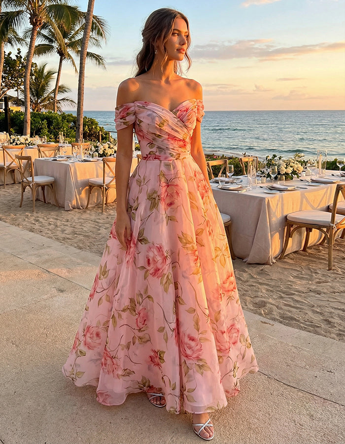 Floral Print Off Shoulder Chiffon Maxi Dress