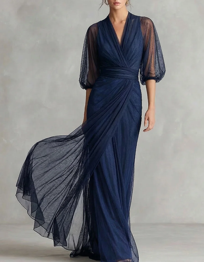 V-Neck Puff Sleeve Draped Tulle Maxi Dress