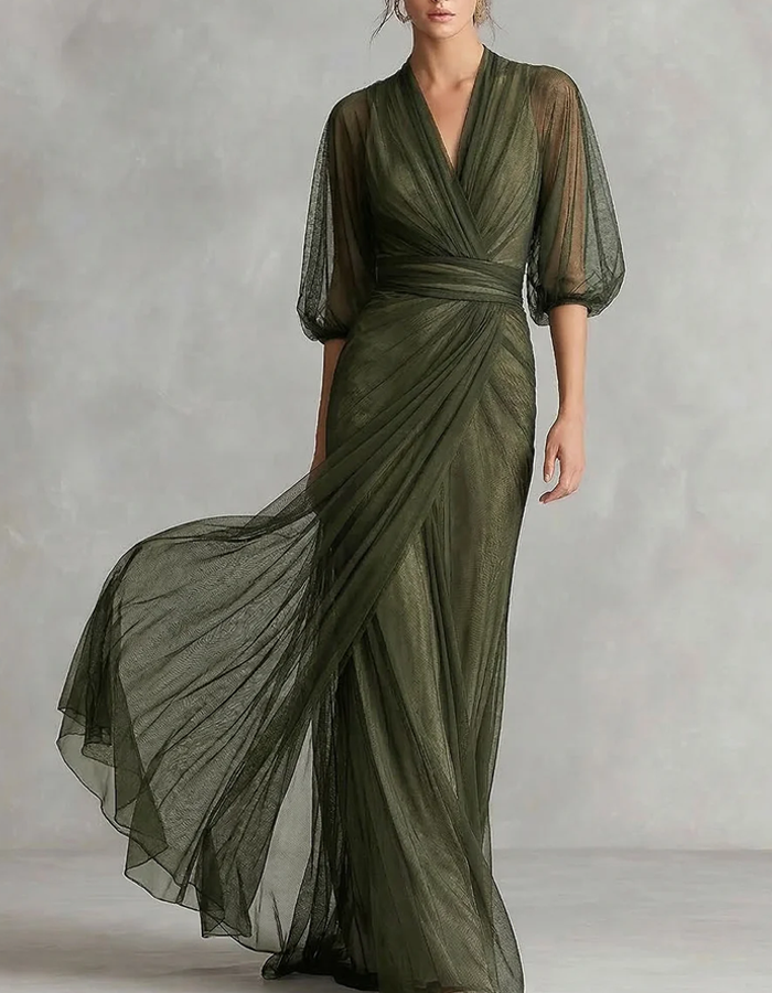 V-Neck Puff Sleeve Draped Tulle Maxi Dress