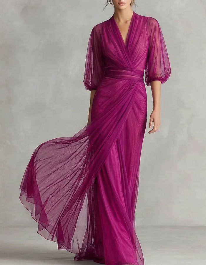 V-Neck Puff Sleeve Draped Tulle Maxi Dress