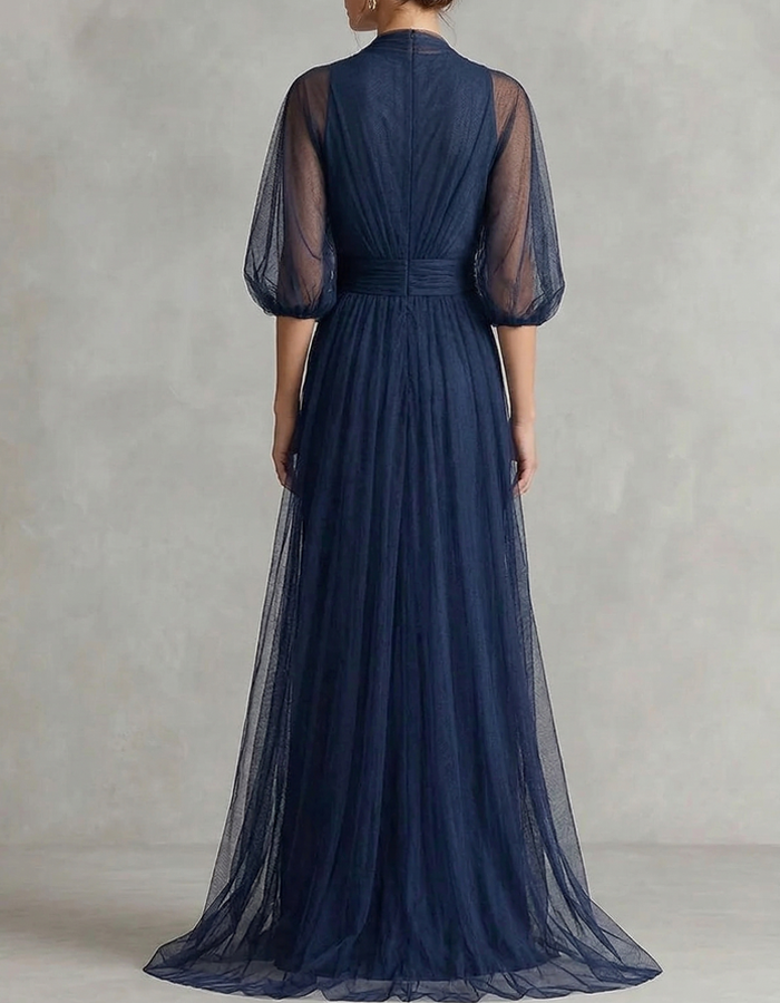 V-Neck Puff Sleeve Draped Tulle Maxi Dress