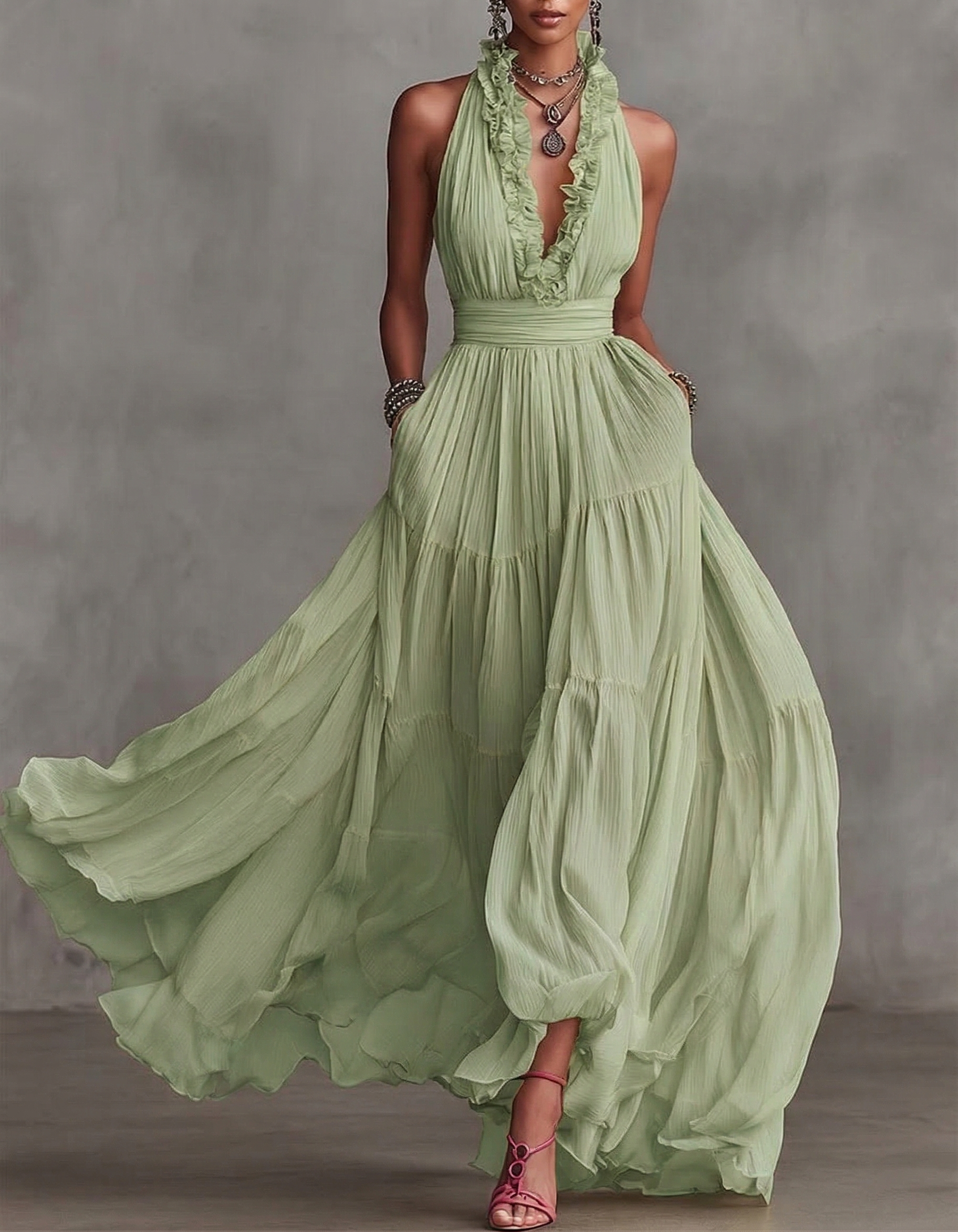 Chiffon V-neck Halter Neck Ruffled Trim Cinched Waist Maxi Dress