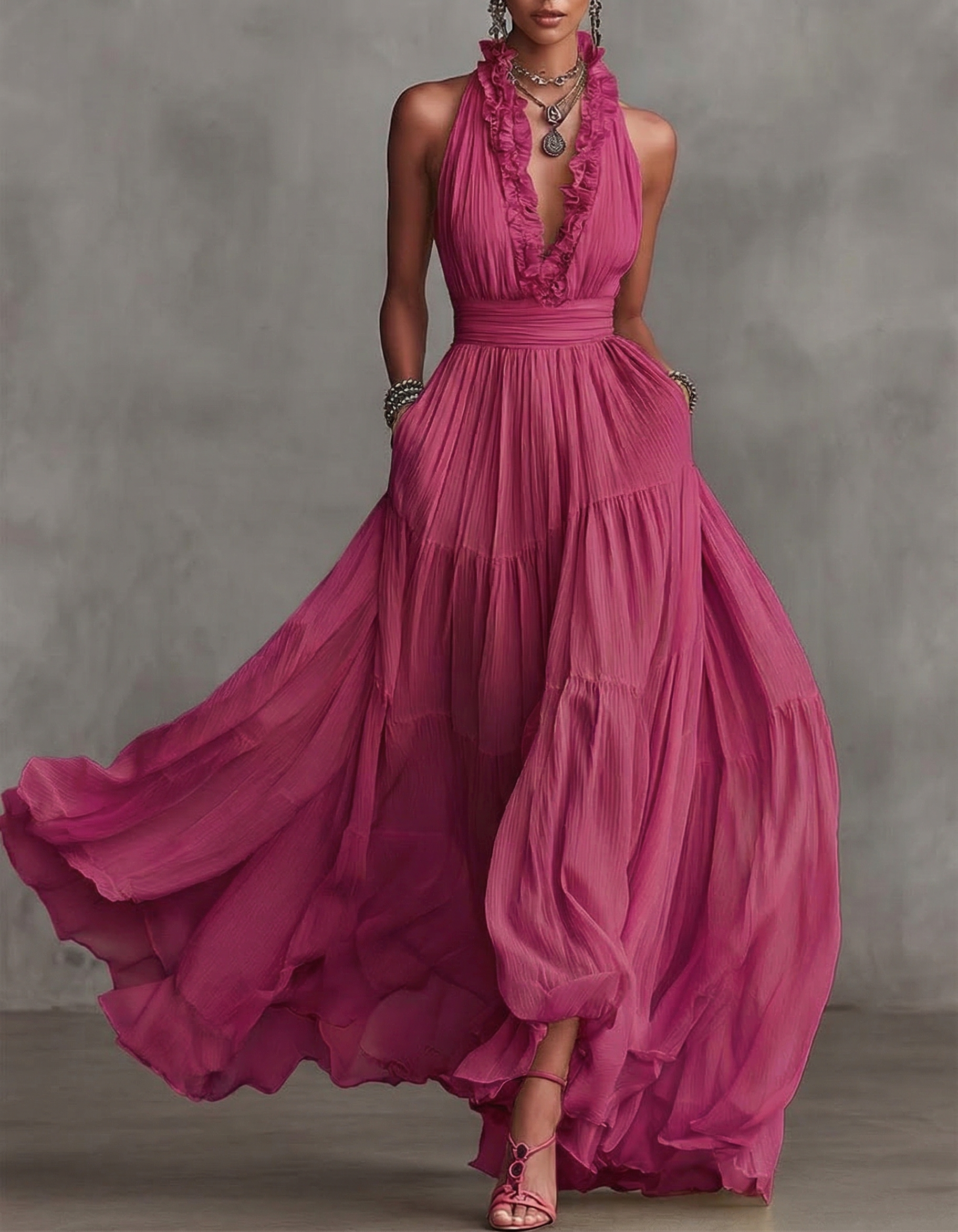 Chiffon V-neck Halter Neck Ruffled Trim Cinched Waist Maxi Dress