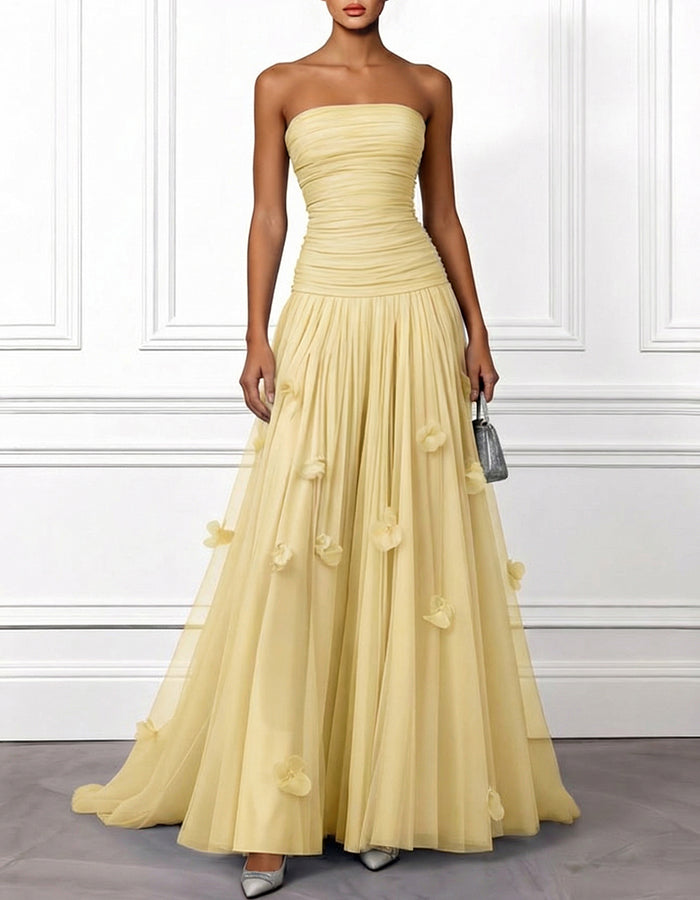 Solid Color Strapless 3D Floral Tulle Maxi Dress