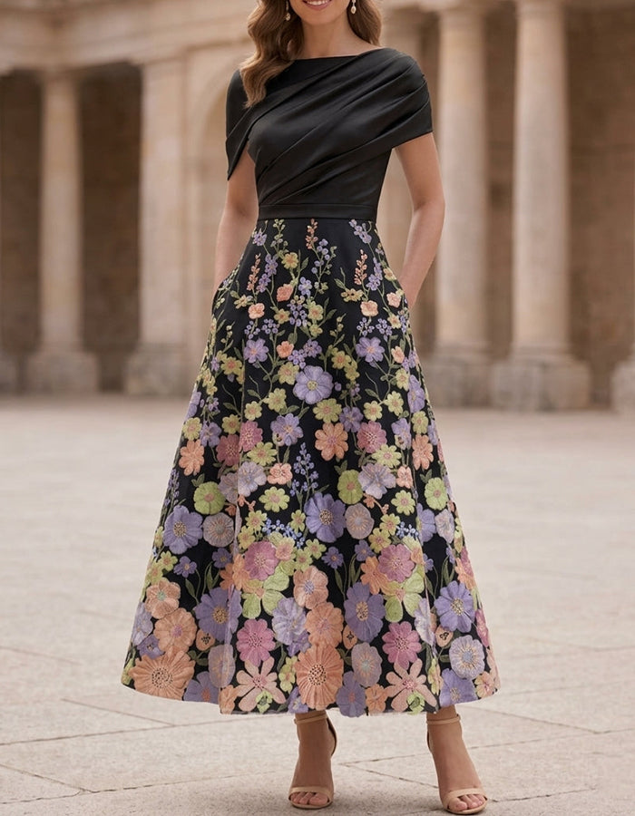 Sky Blue Draped Bodice 3D Floral Embroidered A-Line Midi Dress