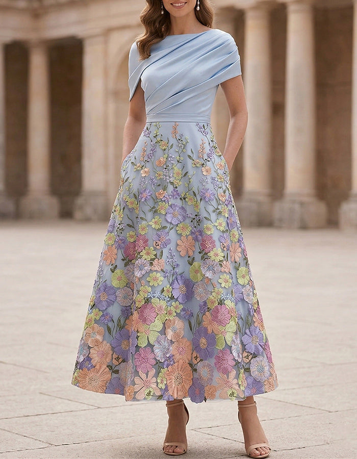 Sky Blue Draped Bodice 3D Floral Embroidered A-Line Midi Dress