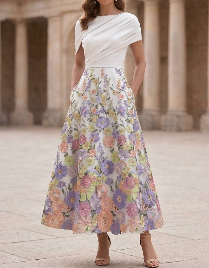 Sky Blue Draped Bodice 3D Floral Embroidered A-Line Midi Dress