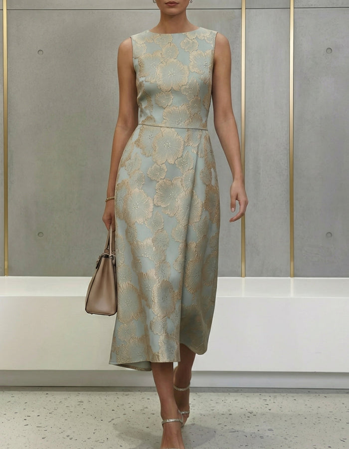 Sage Green Gold Floral Jacquard Sleeveless Midi Dress