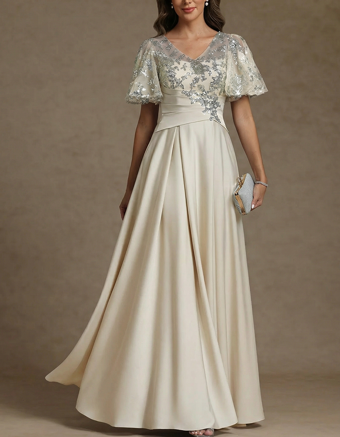 Dusty Blue Lace & Sequin Flutter Sleeve Satin Maxi Dress