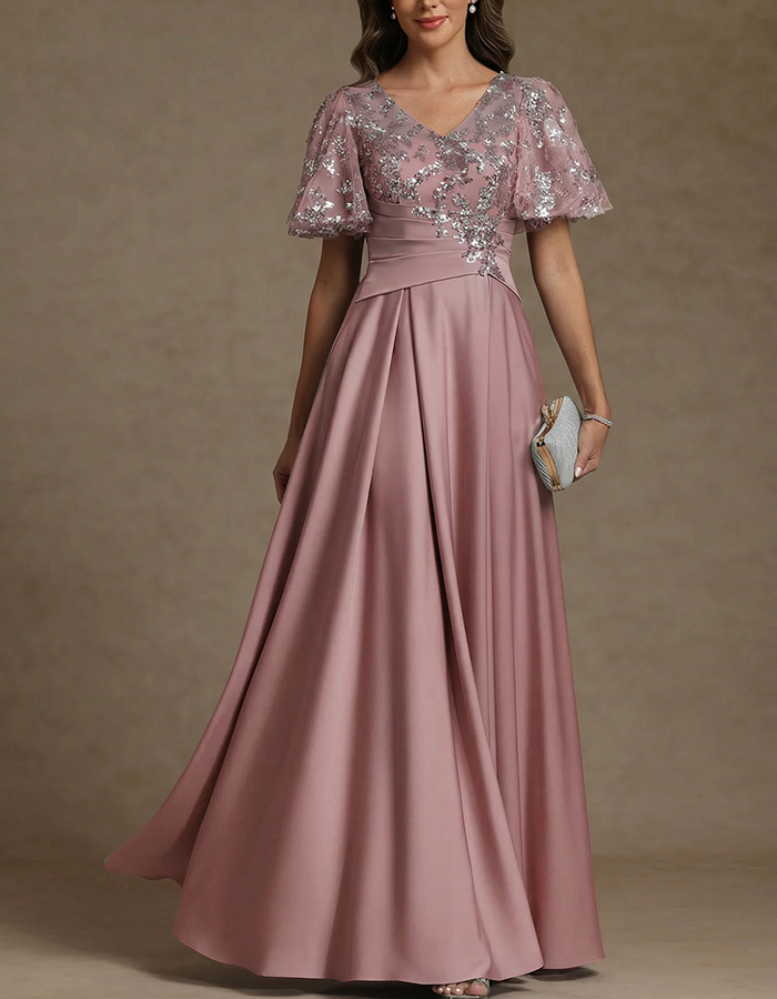 Dusty Blue Lace & Sequin Flutter Sleeve Satin Maxi Dress