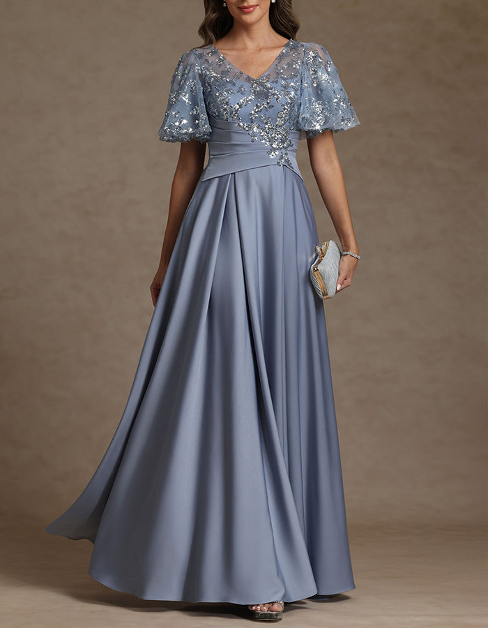 Dusty Blue Lace & Sequin Flutter Sleeve Satin Maxi Dress