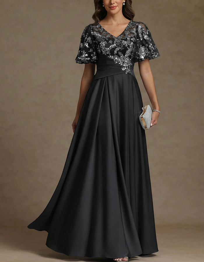Dusty Blue Lace & Sequin Flutter Sleeve Satin Maxi Dress