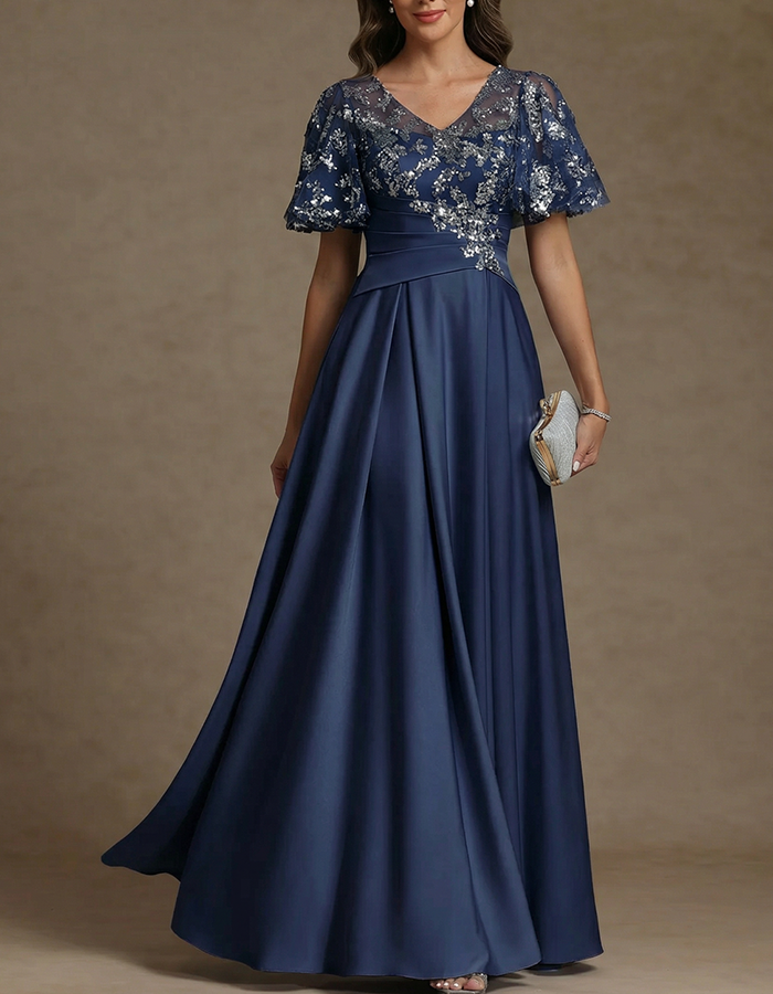 Dusty Blue Lace & Sequin Flutter Sleeve Satin Maxi Dress