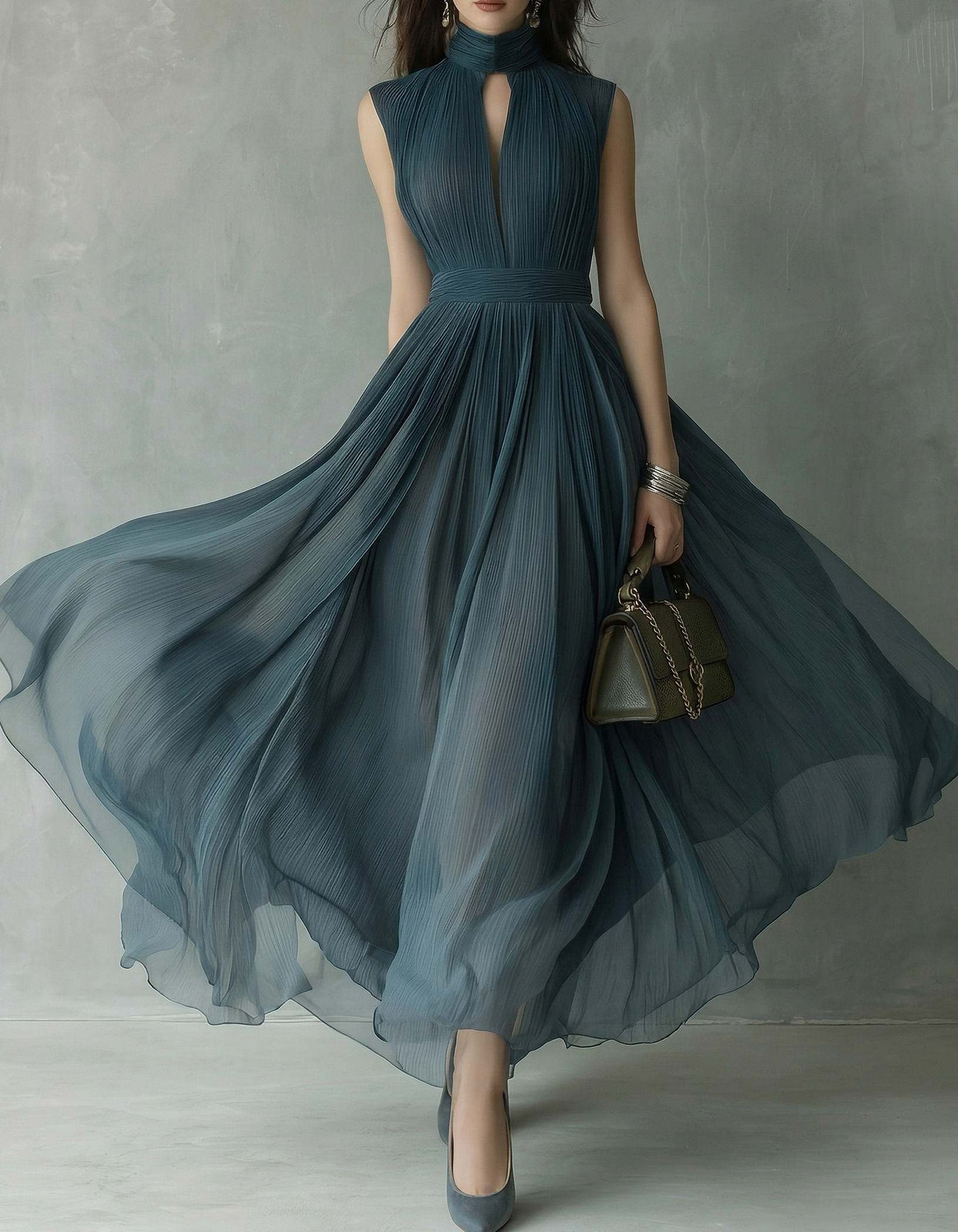 Misty Blue Chiffon Openwork Waist-Cinching Maxi Dress