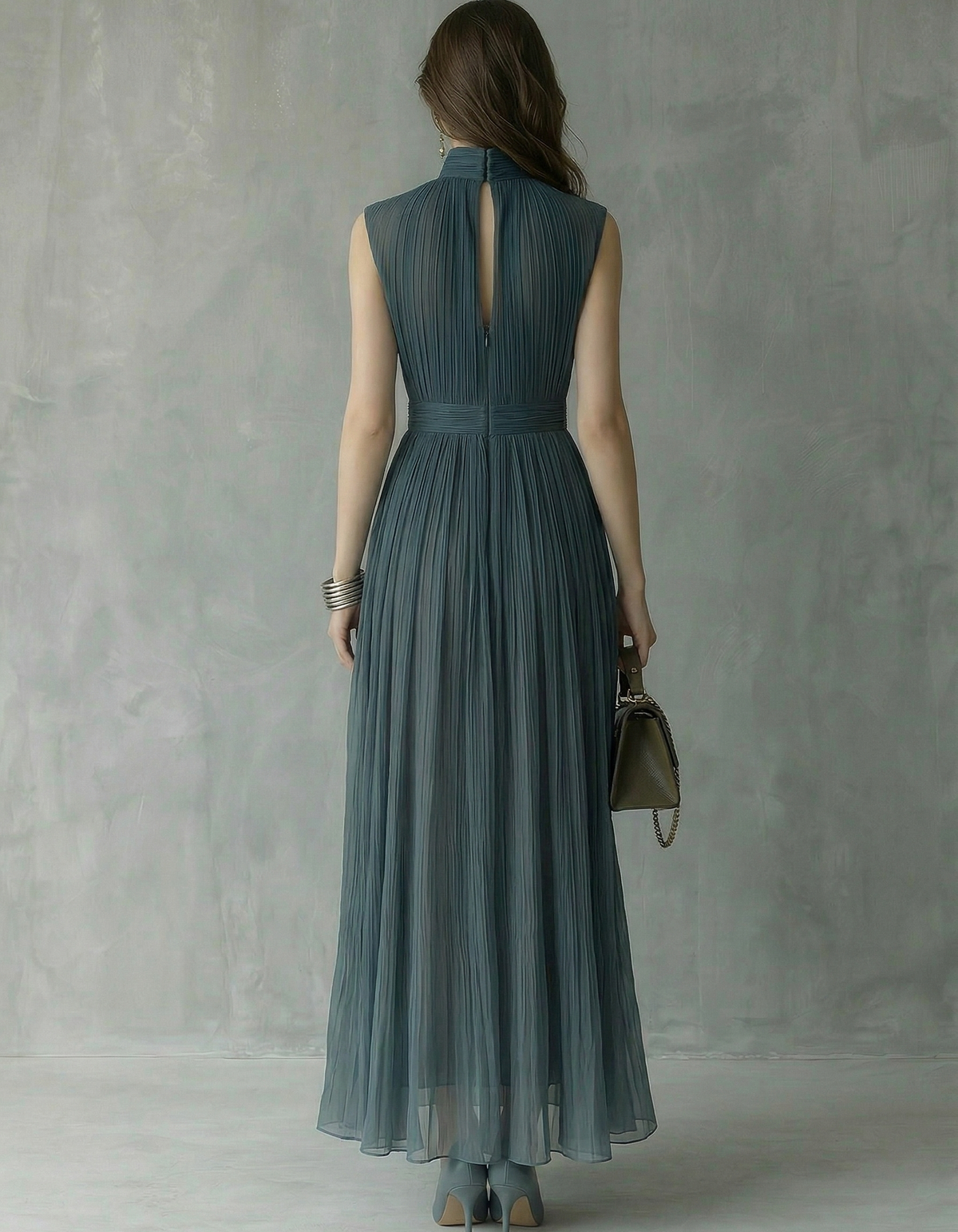 Misty Blue Chiffon Openwork Waist-Cinching Maxi Dress