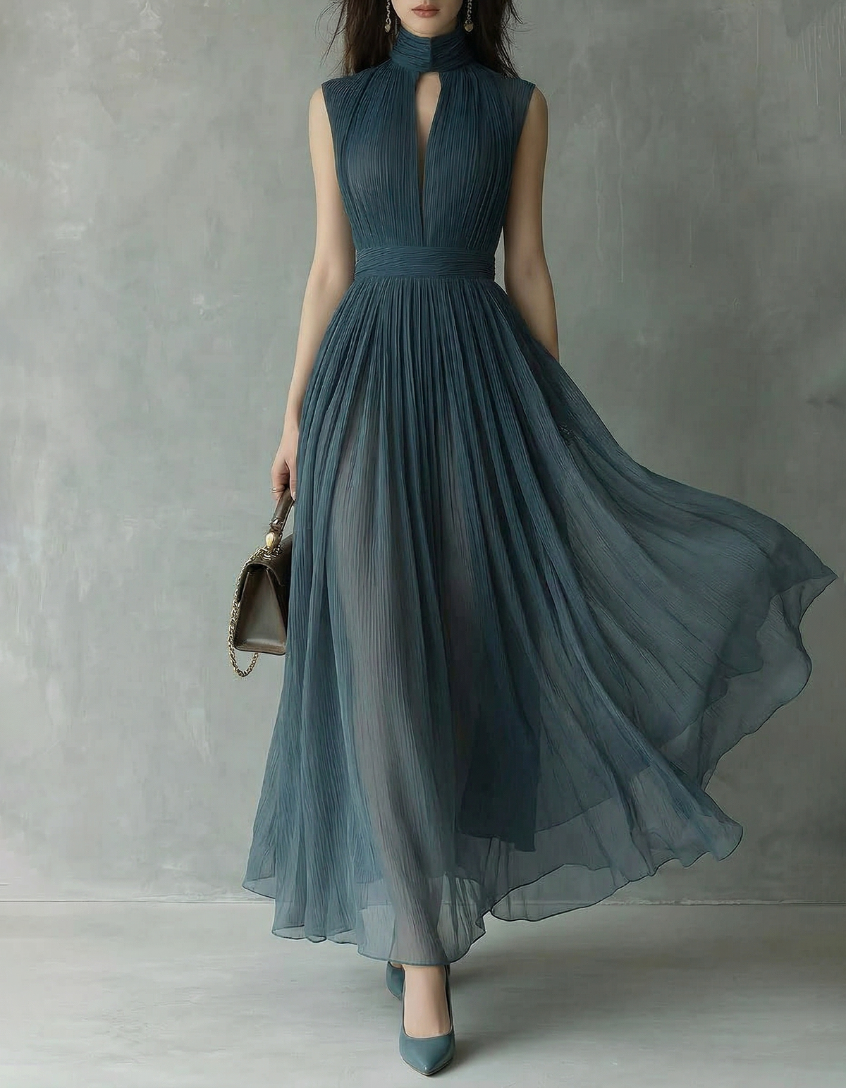 Misty Blue Chiffon Openwork Waist-Cinching Maxi Dress