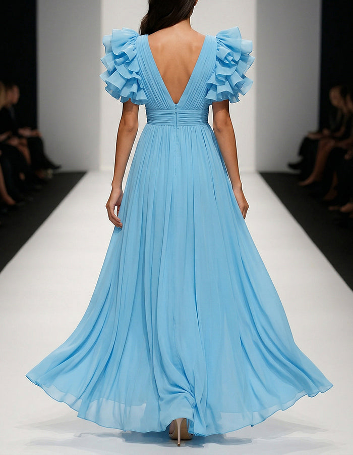 Sky Blue Chiffon Ruffle Sleeve Maxi Dress