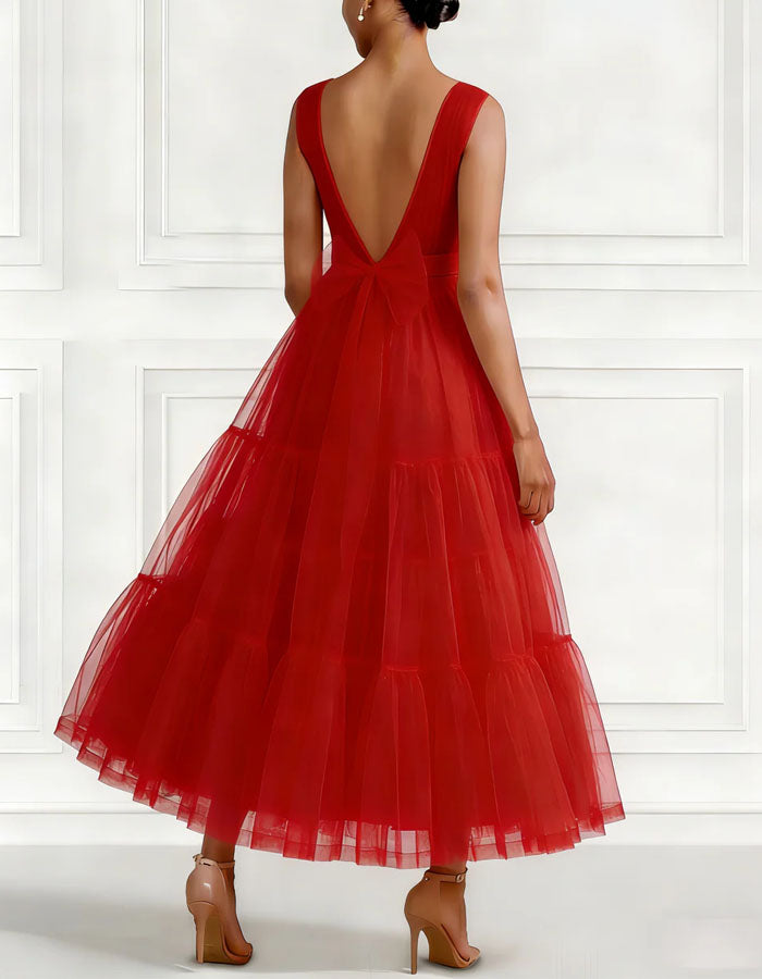 Vestido Midi Naranja Rojo con Capas de Malla Escote en V Profundo y Espalda Descubierta