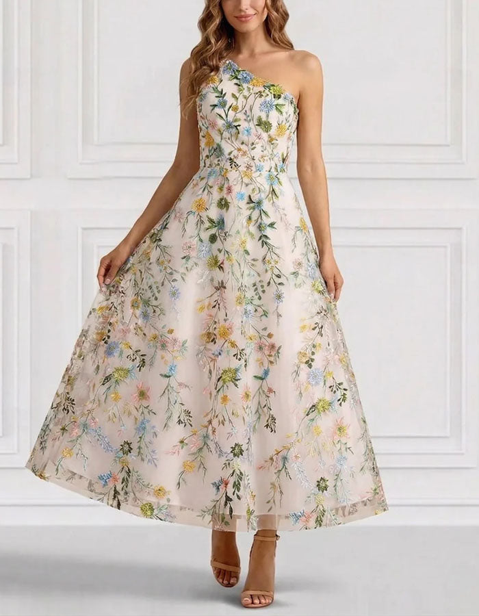 Light Pink Floral Off Shoulder Mesh Fabric Maxi Dress