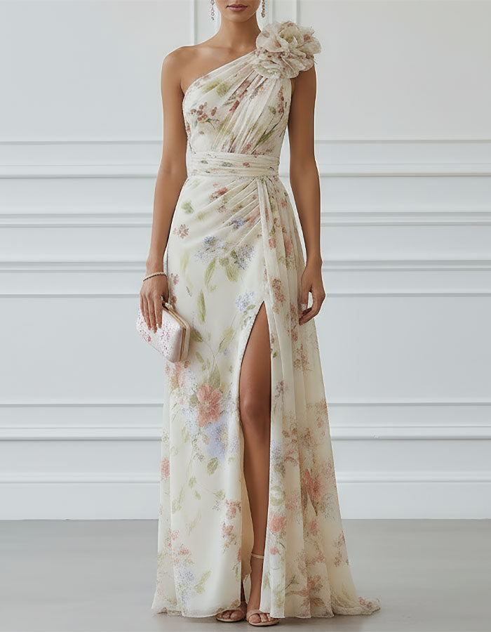 Light Beige Base With Colorful Floral Off Shoulder 3d Floral Chiffon With Slits Maxi Dress