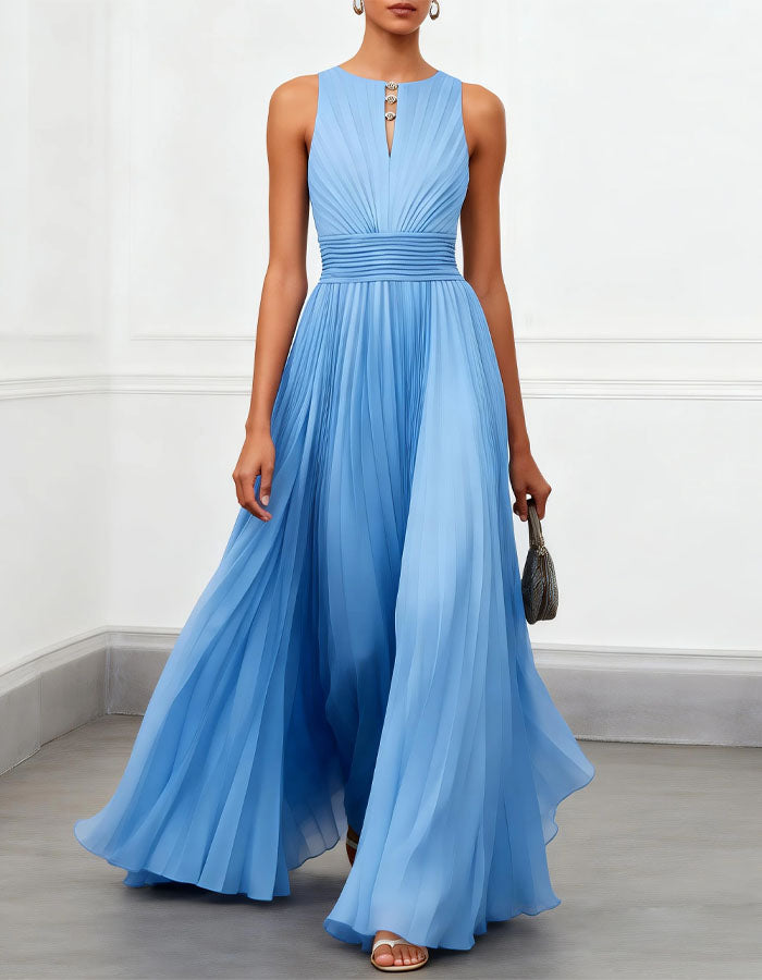 Vestido largo de gasa plisado calado azul cielo