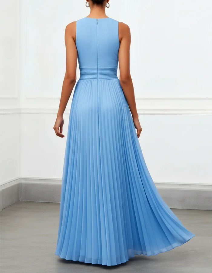 Vestido largo de gasa plisado calado azul cielo
