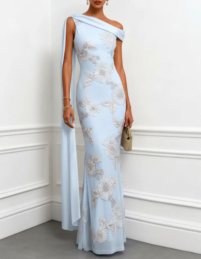 Light Blue Off Shoulder Embroidered Fishtail Fabric Maxi Dress – Alizua