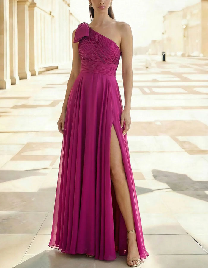 Rose Pink Off Shoulder Bow Slit Chiffon Maxi Dress