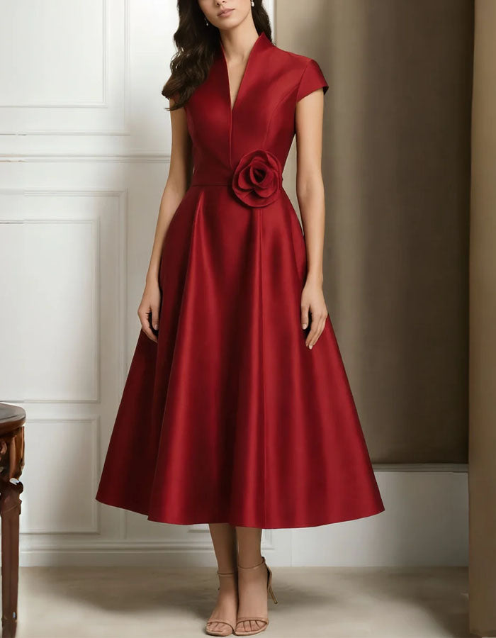 Grayish Pink 3D Floral Satin Miidi Dress